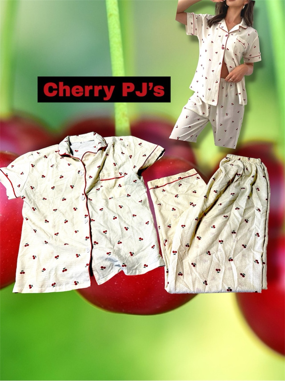 Kids Cherry Print Pajama Set - Cream with Red Trim